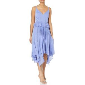 BCBGMAXAZRIA FIT AND FLARE PLEATED ASYMMETRIC MIDI DRESS